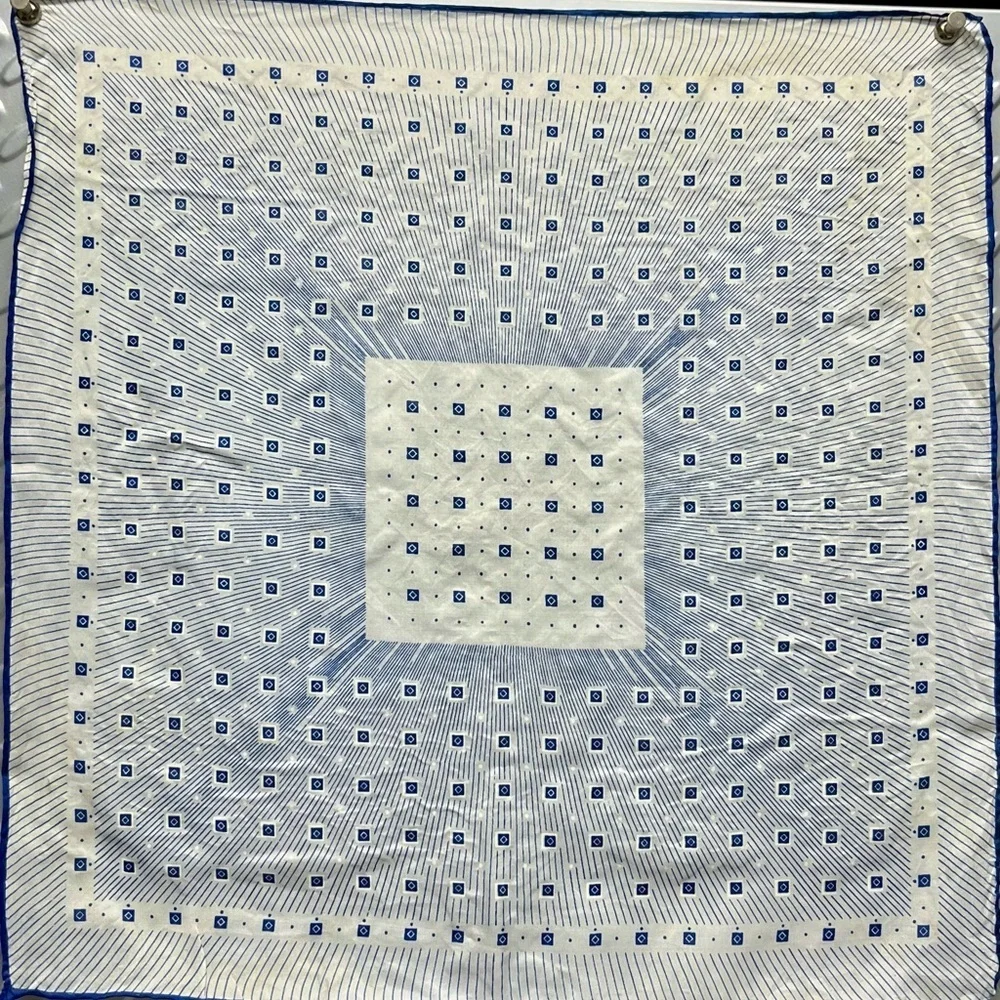 Vintage Silk Blue White Geometric Pocket Square Neckerchief Hand Rolled Scarf
